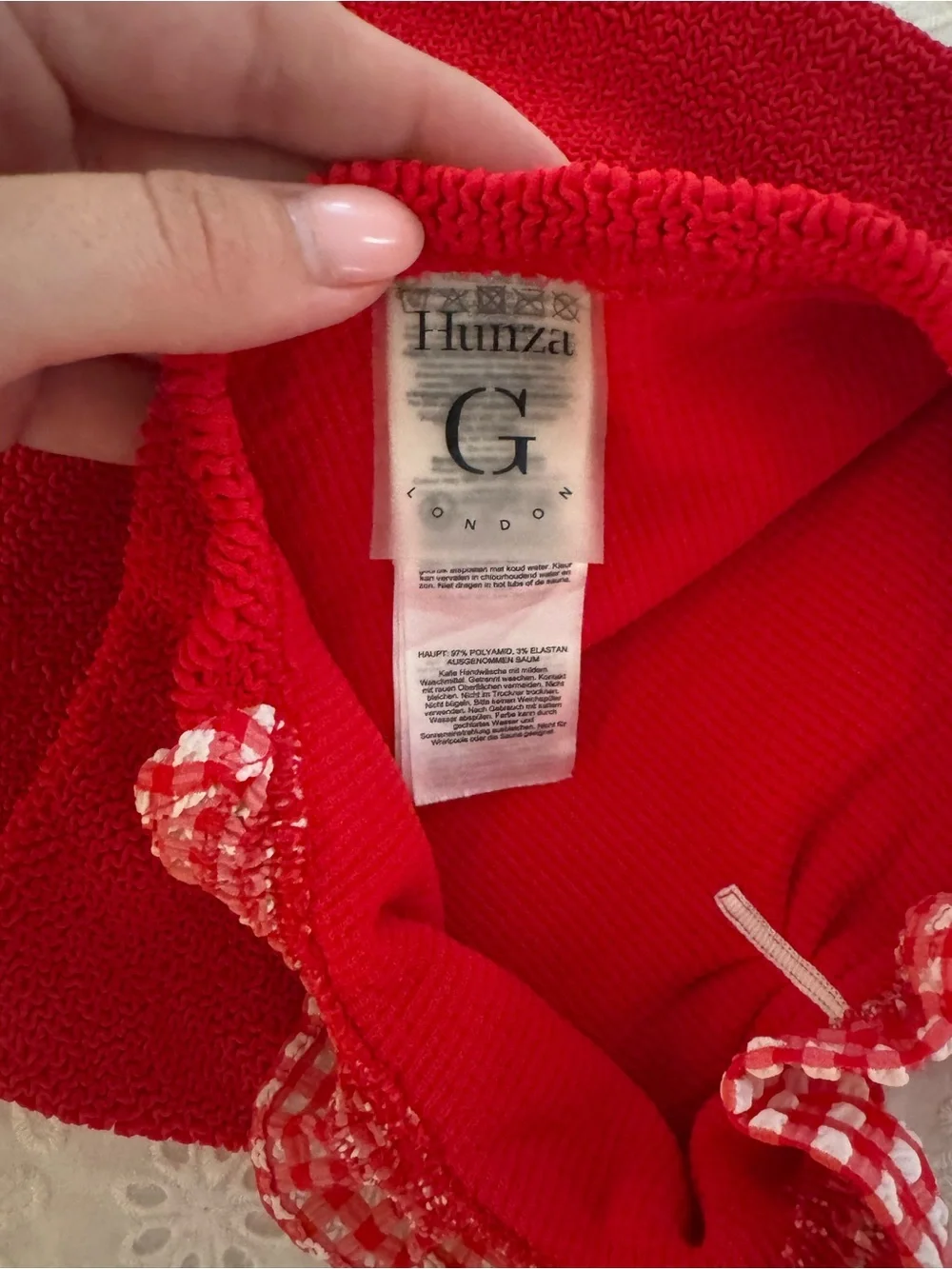 Hunza G Strapless Red One-Piece Swimsuit with Gingham Trim